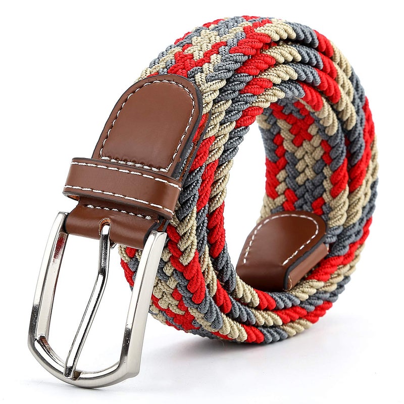 Radmire Braided Canvas Woven Elastic Stretch Belts for Men/Women/Junior with Multicolored (Red-Gray-Khaki, Large/36-38â€ Waist) - Image 1